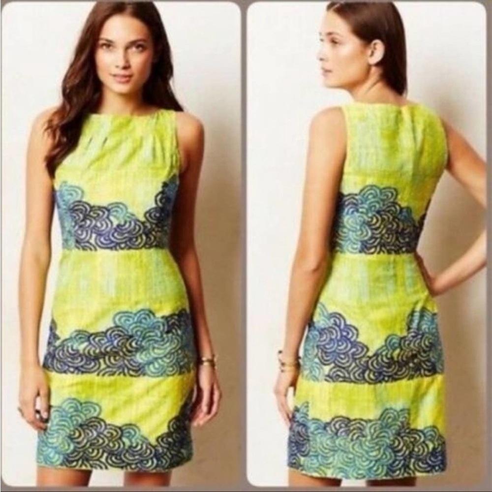 𝅺anthropologie Tabitha Azure Scroll Dress Yellow with Blue Threaded Pattern Sz 4